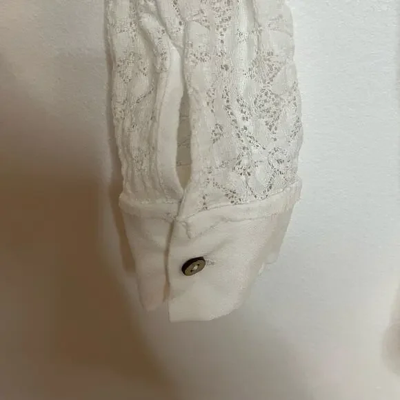 Free People White Tunic Top M Womens Button Front Collared Long Sleeve Lace Tie - Picture 5 of 10